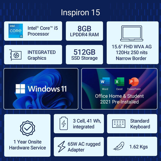 Dell DC 15250 Thin & Light Laptop, 13th Gen Intel Core i5-1334U Processor, 8GB, 512GB SSD, 15.6" (39.62cm) FHD Display, Standard Keyboard, Win 11+MSO'24  Carbon Black, 1.62kg
