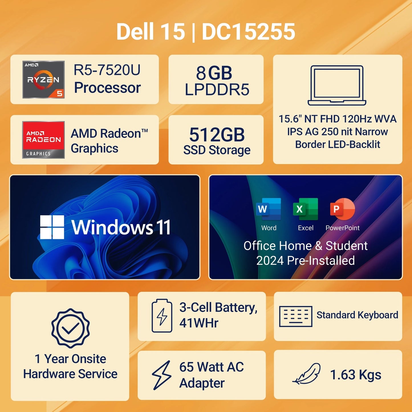 Dell 15 (Previously Inspiron), R5-7520U Processor, 8GB LPDDR5 RAM, 512GB SSD, FHD 15.6"/39.62 cm Display, Windows 11 Home, Carbon Black, 1.63kg, Standard Keyboard, 15 Month McAfee, Thin & Light Laptop