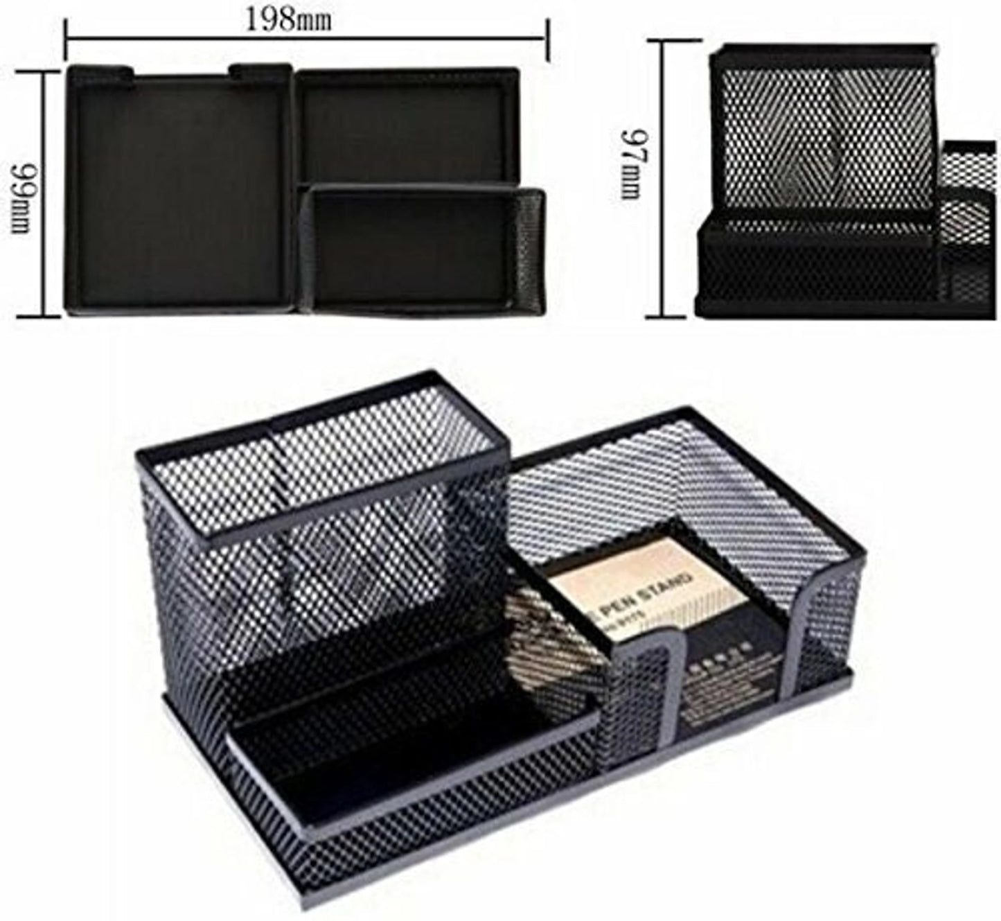 3 Compartments Metal Pen Stand (Black)