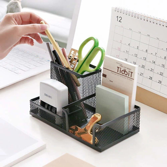 3 Compartments Metal Pen Stand (Black)