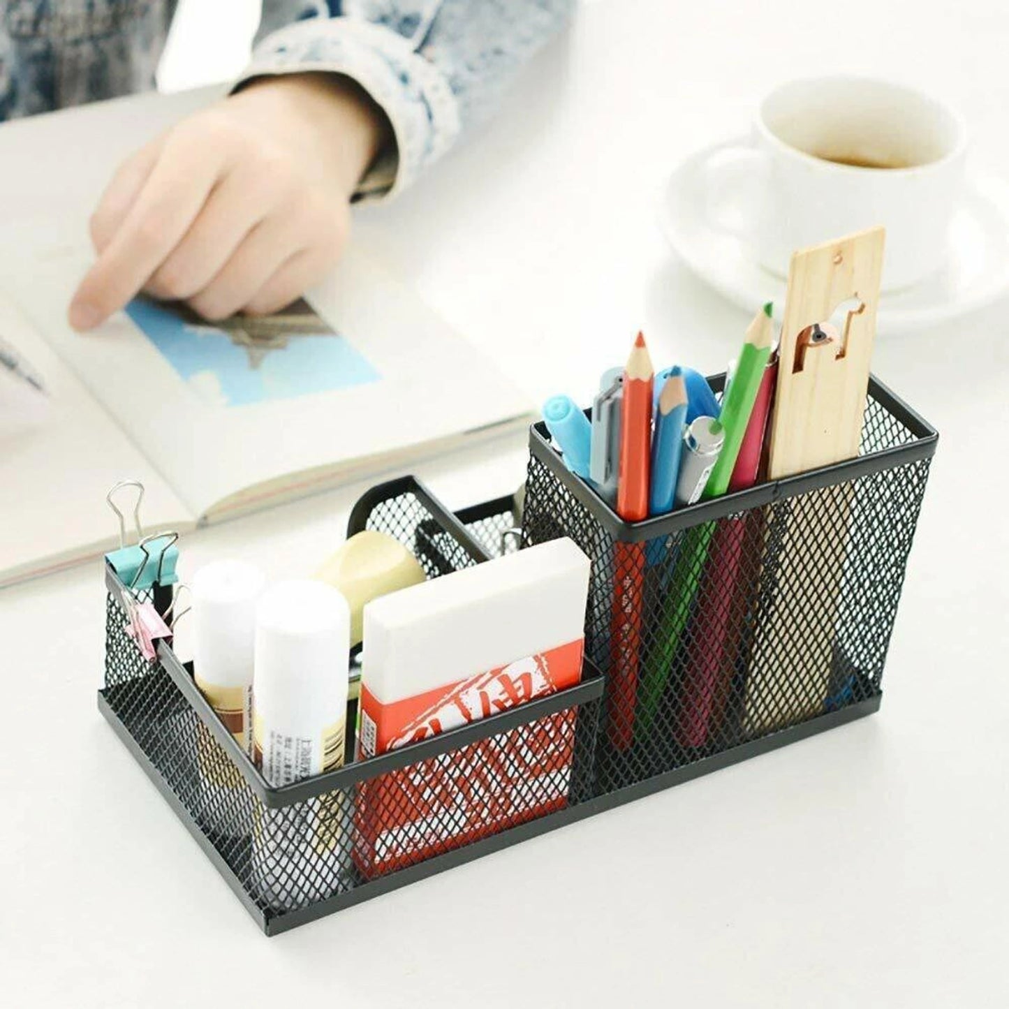 3 Compartments Metal Pen Stand (Black)