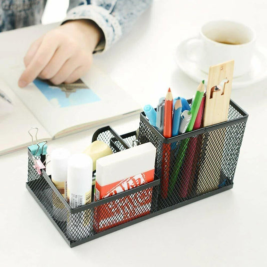3 Compartments Metal Pen Stand (Black)