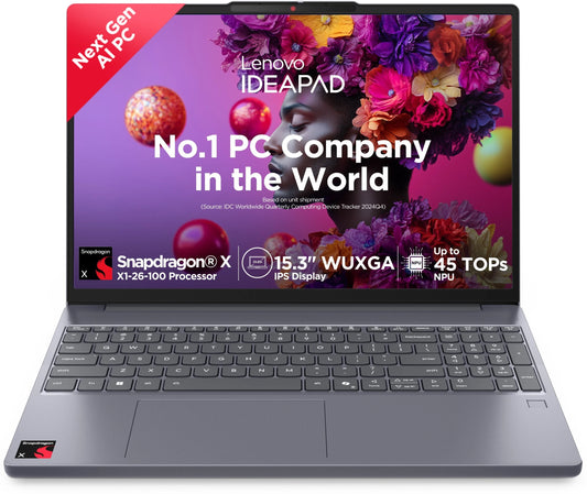 Lenovo IdeaPad Slim 3 with 1Yr ADP Snapdragon X - (16 GB/1 TB SSD/Windows 11 Home) 15Q8X10 Thin and Light Laptop (15.3 inch, Luna Grey, 1.55 kg, With MS Office)